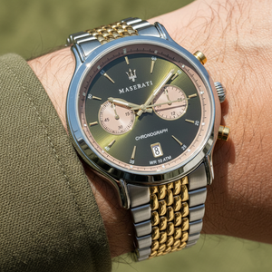 Close up shot of Maserati R8873638003 watch on wrist showing the bronze chronograph dial and Trident logo