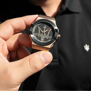 Man wearing Maserati Potenza rose gold rubber watch with a sleeve visible for a luxury sport look