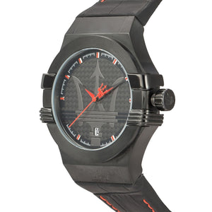 Left side perspective of the Maserati Potenza R8851108010 black dial and red stitched strap