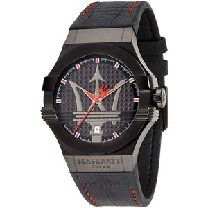 Angled view of the Maserati R8851108010 highlighting the black ion-plated case and red details
