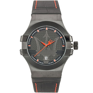 Maserati Potenza R8851108010 men's watch with black case and black leather strap with red stitching