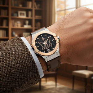 Male model wearing Maserati Potenza R8851108014 two-tone watch with a classic outfit
