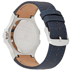 Silver stainless steel buckle clasp with Maserati logo on the blue leather strap of the R8851108015