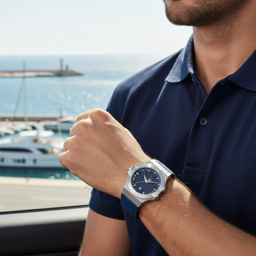 Male model wearing Maserati Potenza R8851108015 silver and blue watch with a smart casual outfit