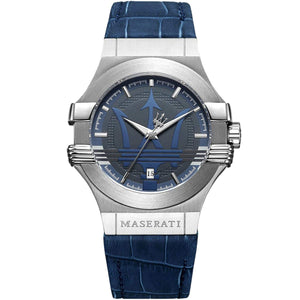 Maserati Potenza R8851108015 men's watch with silver stainless steel case and blue leather strap