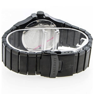 Back view of the Maserati R8853108003 watch showing the stainless steel caseback and specs
