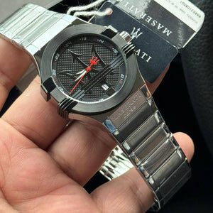 Authentic real-life photo of Maserati Potenza R8853108003 showing actual black matte finish and giant logo