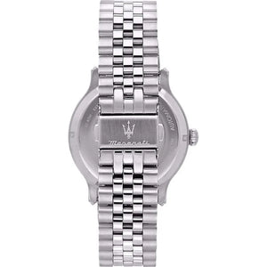 Silver watch with a brand logo on a white background