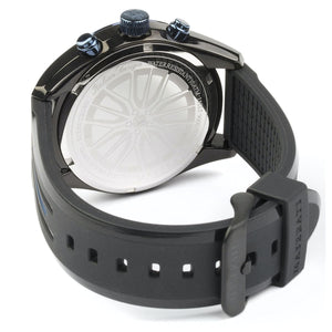 Detailed shot of the Trident logo on the black watch buckle