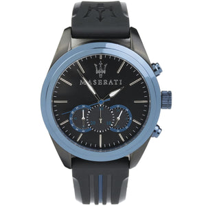 Maserati Traguardo R8871612006 men's chronograph watch with black case, blue bezel, and rubber strap