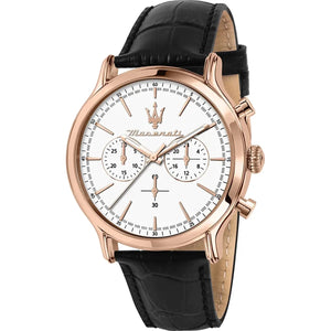 Maserati Epoca R8871618016 men's chronograph watch with rose gold case, white dial, and black leather strap