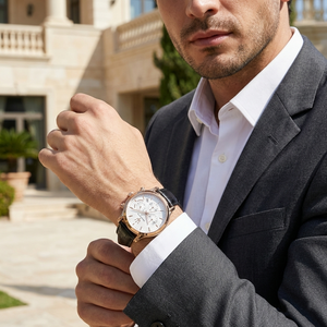 Male model wearing Maserati Epoca R8871618016 rose gold watch with a formal suit