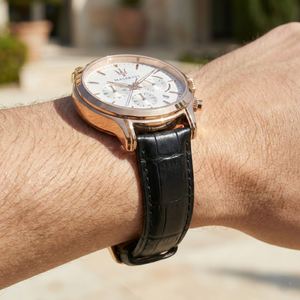 Detailed macro view of the white dial, rose gold Trident logo, and sub-dials of Maserati R8871618016