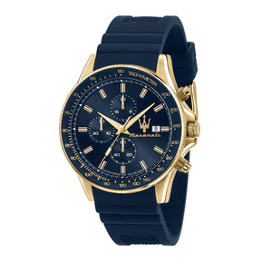 Maserati Sfida R8871640004 men's chronograph watch with gold case, blue dial, and blue rubber strap