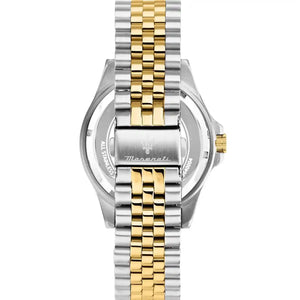 Two-tone stainless steel deployment clasp with Maserati Trident logo on the Sfida jubilee bracelet