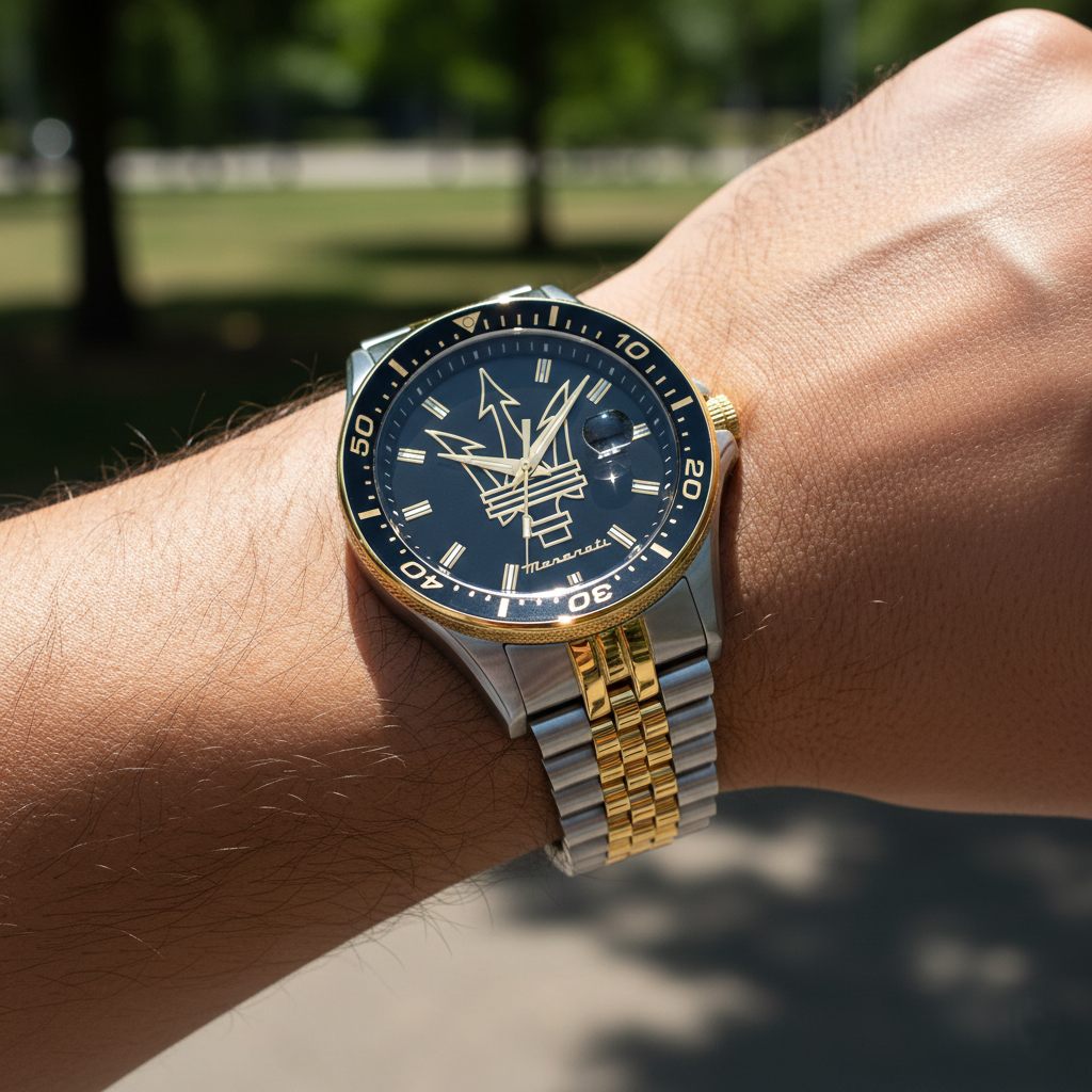 Close up shot of Maserati Sfida R8853140009 on wrist showing the gold trident logo and two-tone jubilee bracelet