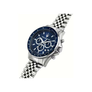 Angled view of Maserati R8873640025 highlighting the blue tachymeter bezel and silver pushers