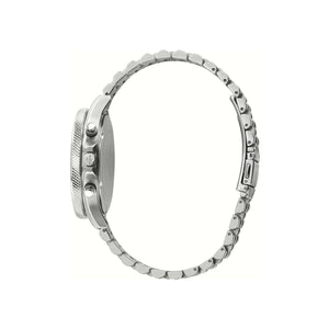 Detailed side view of the silver crown and chronograph buttons on the R8873640025