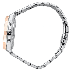 Detailed side view of the rose gold-tone crown and chronograph buttons on the R8873642002