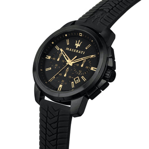Angled view of the Maserati R8871621011 highlighting the black ion-plated case and gold pushers