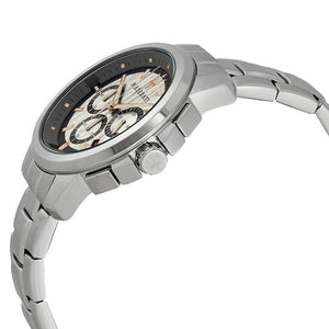 Left side perspective of the Maserati Successo R8873621004 grey dial and metal link bracelet