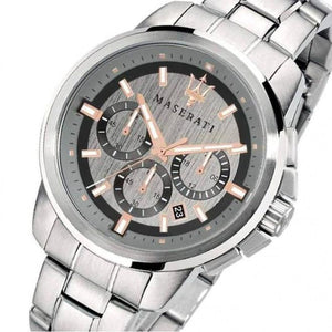 Angled view of the Maserati R8873621004 highlighting the silver case and rose gold details