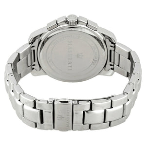 Silver stainless steel deployment clasp with engraved Maserati trident logo on the bracelet of the R8873621004