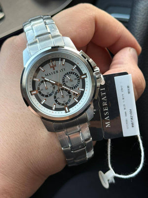 Authentic real-life photo of the Maserati Successo R8873621004 watch showing actual grey dial and rose gold finish