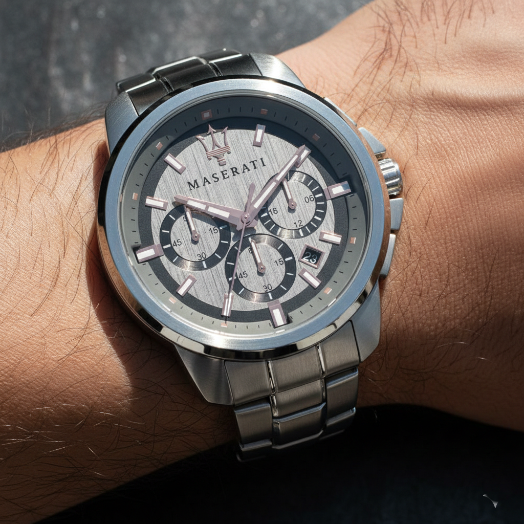 Close up shot of Maserati Successo R8873621004 watch on wrist showing the grey sunray dial and rose gold hands