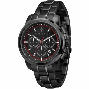 Maserati Successo R8873621014 men's chronograph watch with all-black stainless steel bracelet and red accents