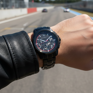 Male model wearing Maserati Successo R8873621014 black metal watch with a sporty outfit