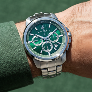 Man wearing Maserati Successo silver watch with green dial for a premium Italian luxury look