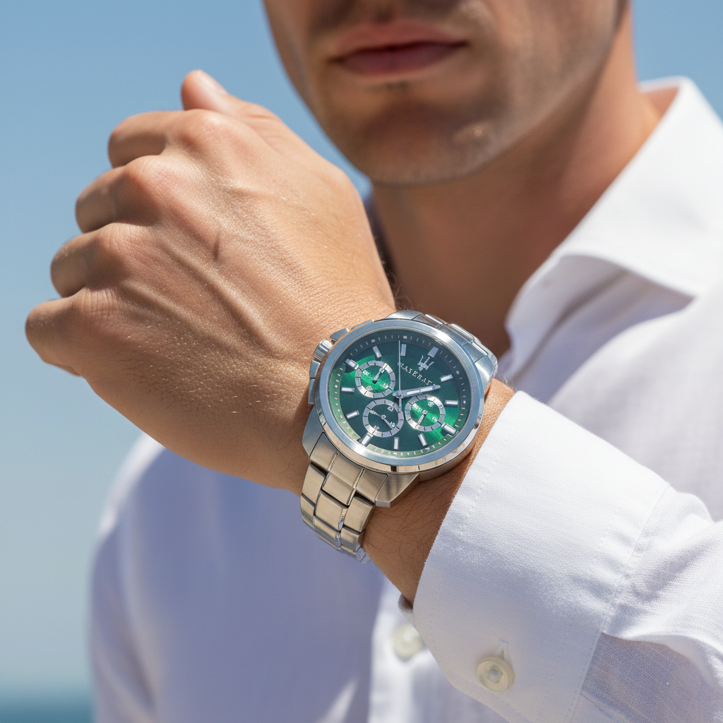 Close up shot of Maserati Successo R8873621017 on wrist showing the green sunray dial and silver trident logo