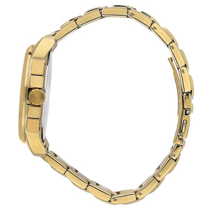 Detailed side view of the gold-tone crown and chronograph buttons on the R8873621021