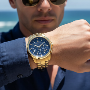Man wearing Maserati Successo gold watch for a premium Italian luxury and automotive-inspired look