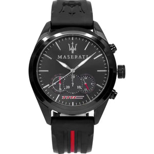 Maserati Traguardo R8871612004 men's watch with black case and black silicone strap with red stripe