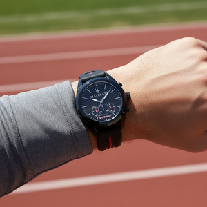 Male model wearing Maserati Traguardo R8871612004 sporty watch with a racing-inspired outfit