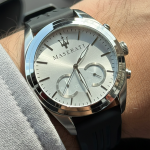 Close up shot of Maserati Traguardo R8871612012 on wrist showing the silver sunray dial and trident logo