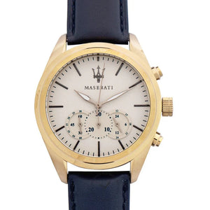 Maserati Traguardo R8871612016 men's watch with two-tone case, ivory dial, and blue leather strap
