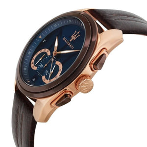 Angled view of Maserati R8871612024 highlighting the polished rose gold case and chronograph pushers