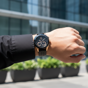 Close up shot of Maserati Traguardo R8871612025 on wrist showing the black dial and rose gold trident logo