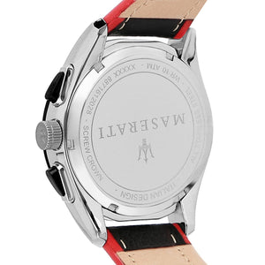 Back view of the Maserati R8871612028 watch showing the stainless steel caseback and serial number details