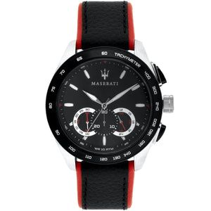Maserati Traguardo R8871612028 men's watch with silver case and black leather strap with red edges