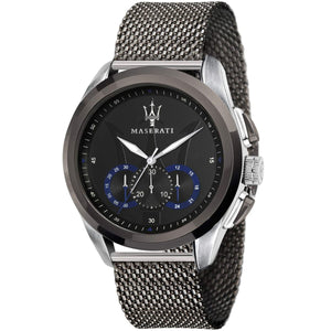 Maserati Traguardo R8873612006 men's chronograph watch with silver case and gunmetal mesh bracelet