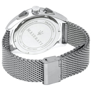 Back view of the Maserati R8873612006 watch showing the stainless steel caseback and serial number details