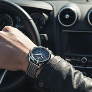 Male model wearing Maserati Traguardo R8873612006 silver and gunmetal watch with a sporty outfit
