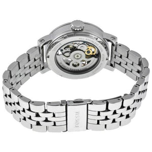 Photo of the silver-tone stainless steel deployment buckle on Fossil ME3067