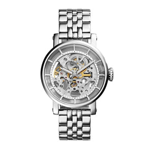 Authentic real-life photo of Fossil ME3067 showing actual silver metal skeleton design