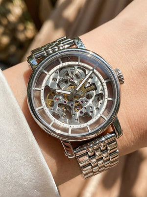 Close up shot of Fossil ME3067 on wrist showing the transparent mechanical boyfriend movement