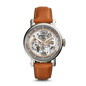 Authentic real-life photo of Fossil ME3109 showing actual skeleton dial and tan leather strap